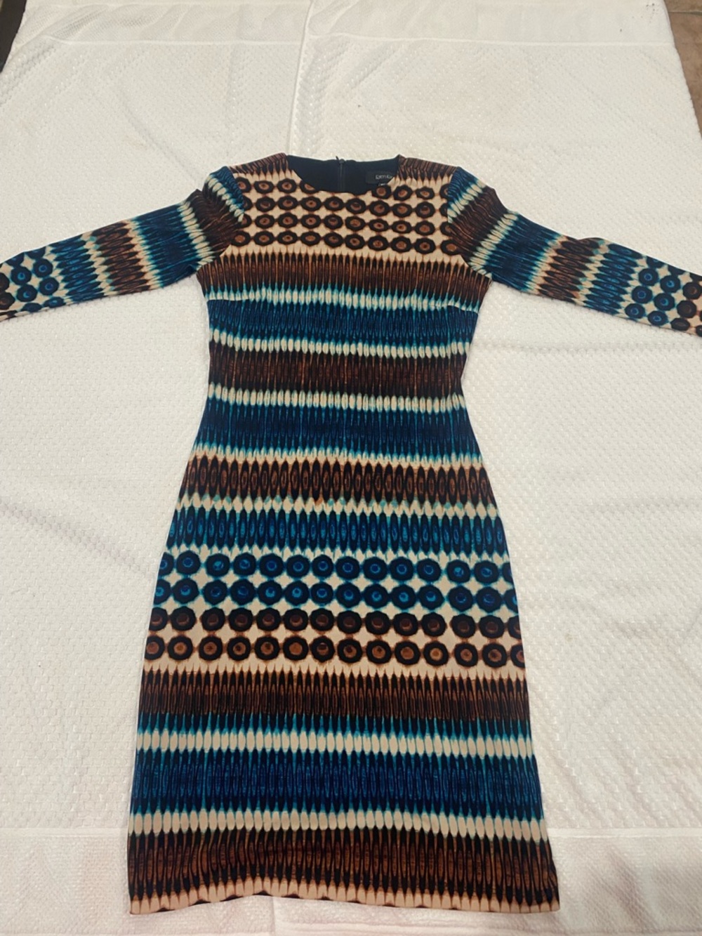 Long Sleeve Patterned Karen Jane Dress in Teal and Brown